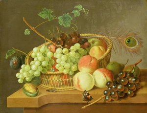 Ainda vida de uvas e pêssegos em uma cesta